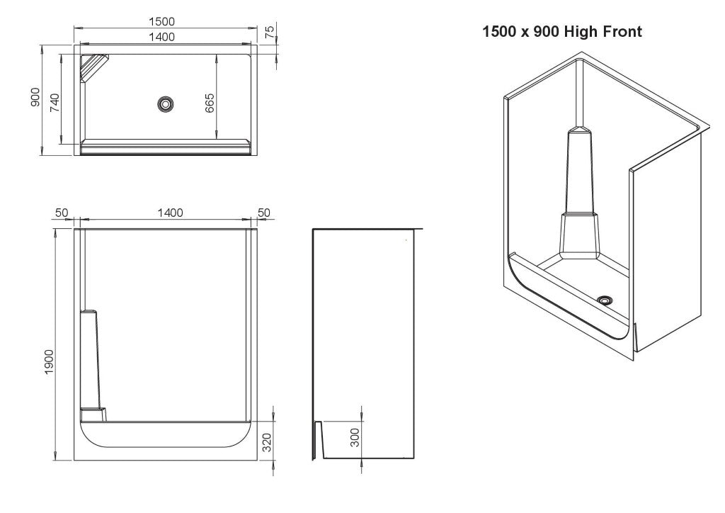 High Front Shower Cubicle 1500mm x 900mm