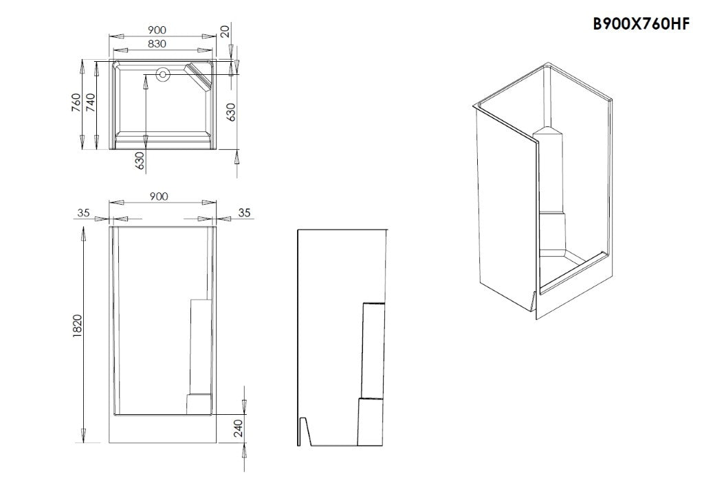 High front Shower Cubicle 900mm x 760mm