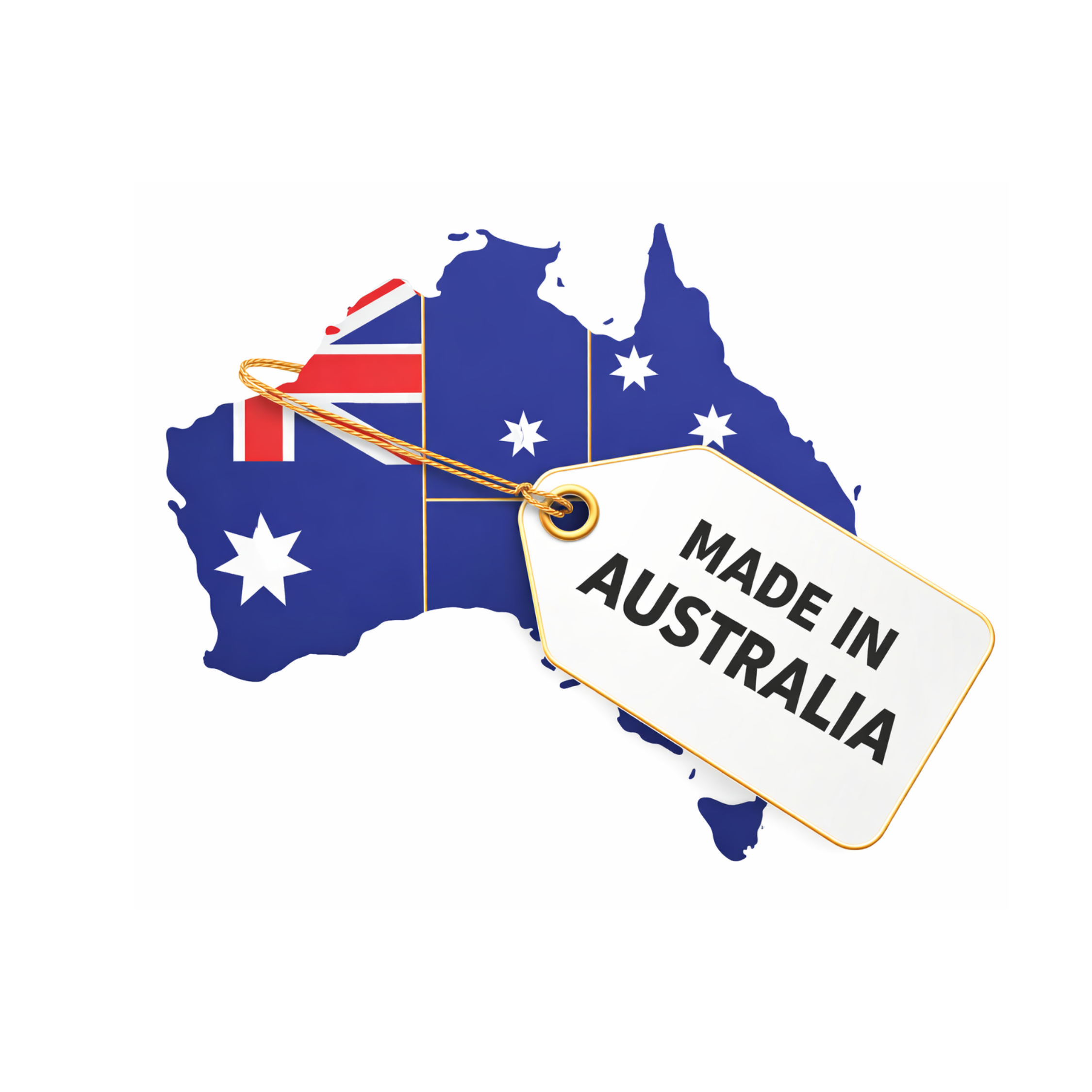 Map of Australia with the Australian flag and a 'Made in Australia' tag on a white background