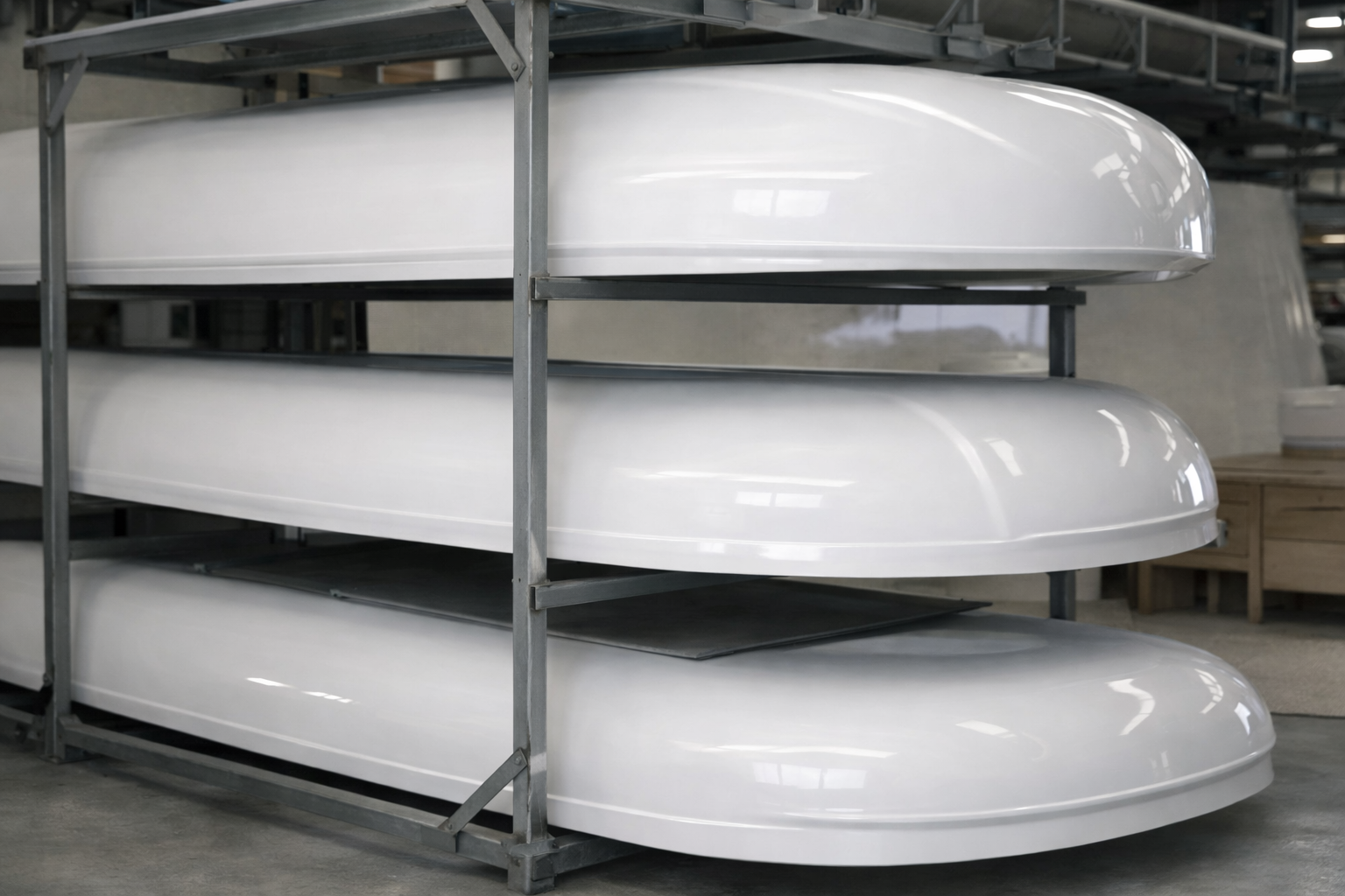 White fibreglass roof boxes stacked on metal shelves in a warehouse setting for campervans and horse floats