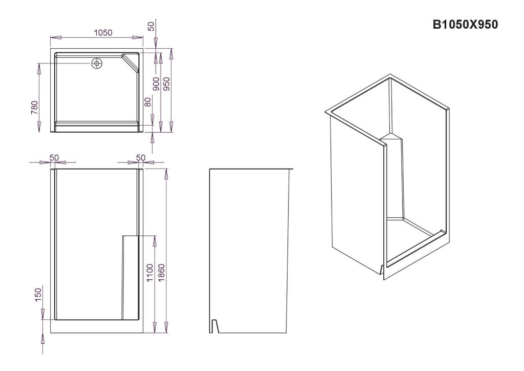Low Front Shower Cubicle 1050mm x 950mm