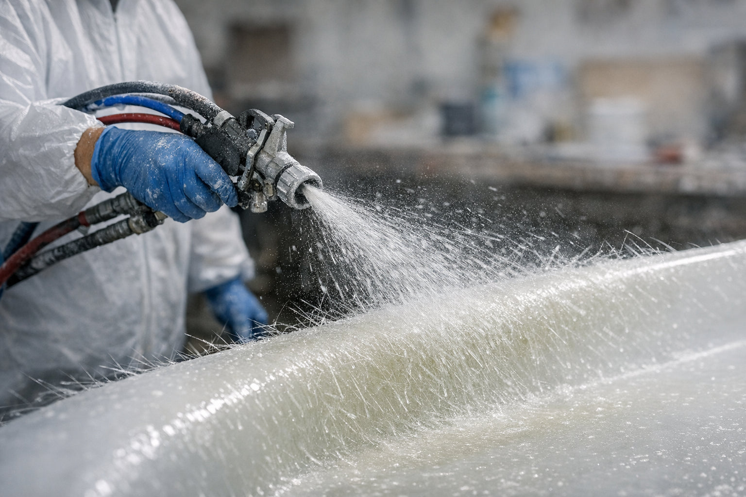 Person in protective gear using a spray gun to apply a fibreglass to a surface.
